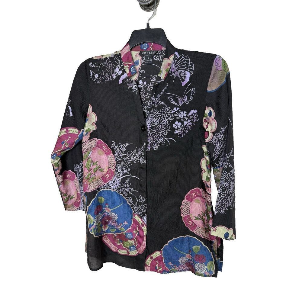 Citron Silk Art to Wear Floral Asian Mandarin Collar Button Up Shirt Black Sz S